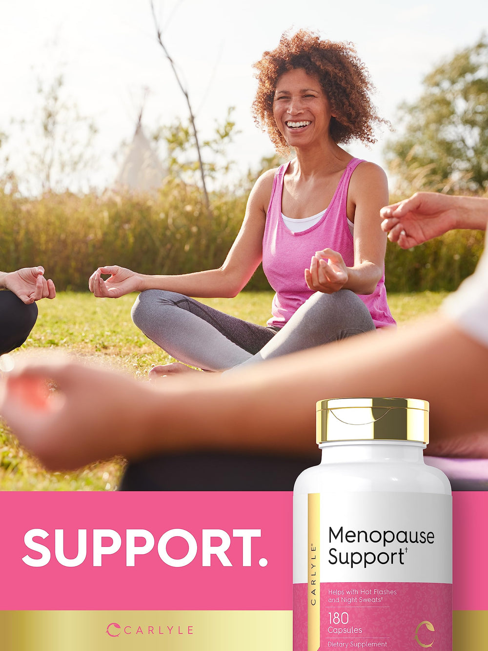 Carlyle Menopause Supplement product image highlighting a durable bottle for ongoing use.