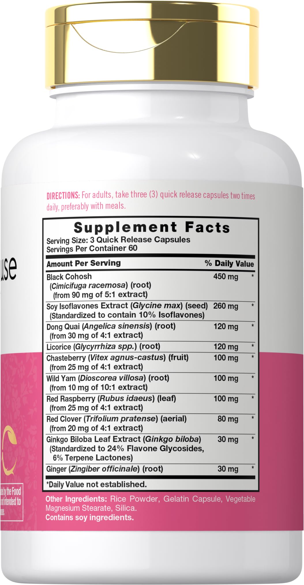 Carlyle Menopause Supplement ingredients graphic highlighting Black Cohosh and Chasteberry for potential support.