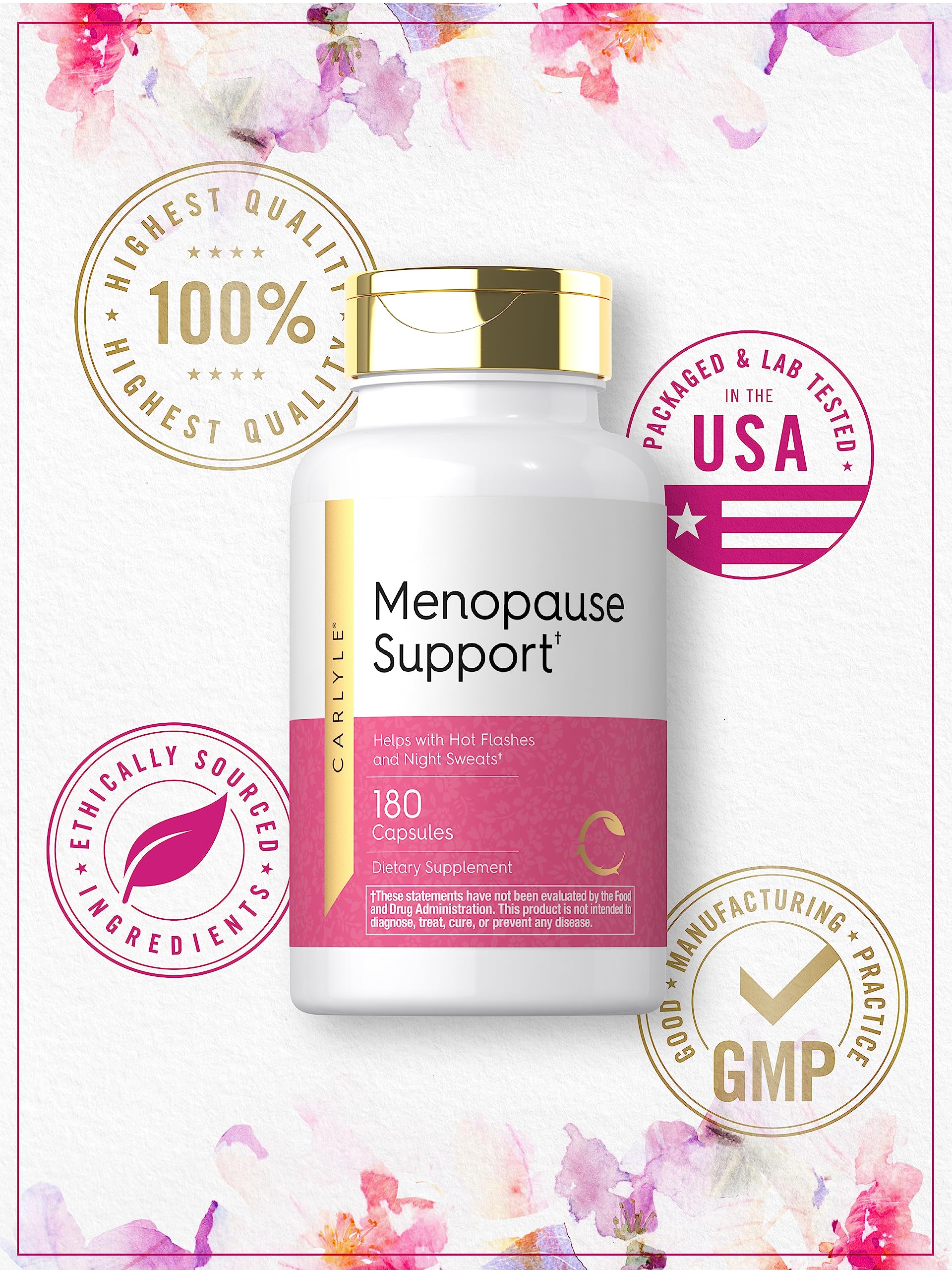 Carlyle Menopause Supplement packaging with glass capsules inviting routine and calm.