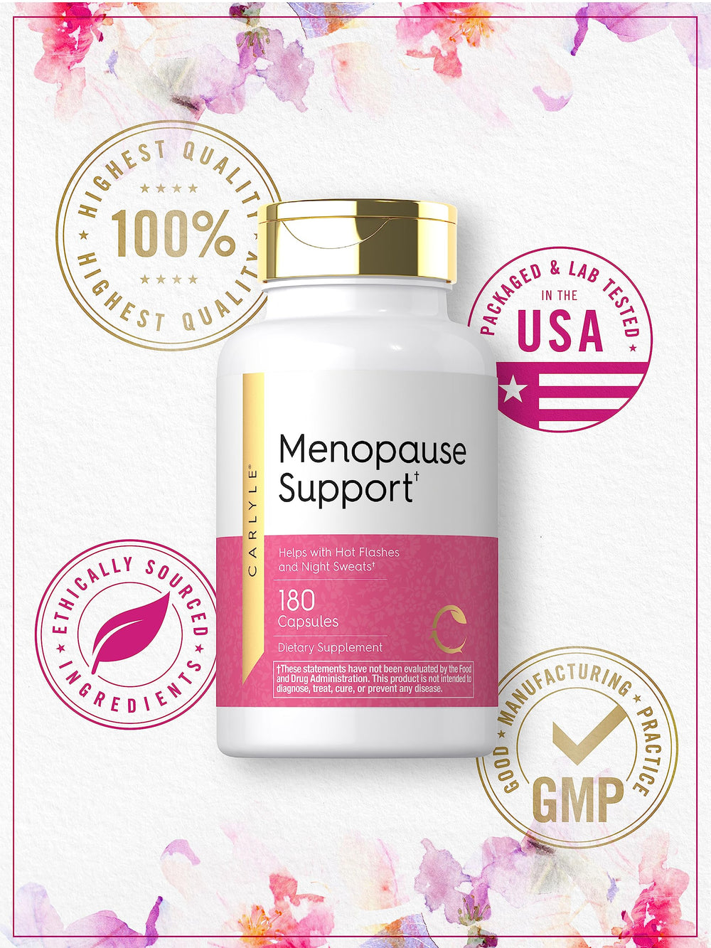 Carlyle Menopause Supplement packaging with glass capsules inviting routine and calm.