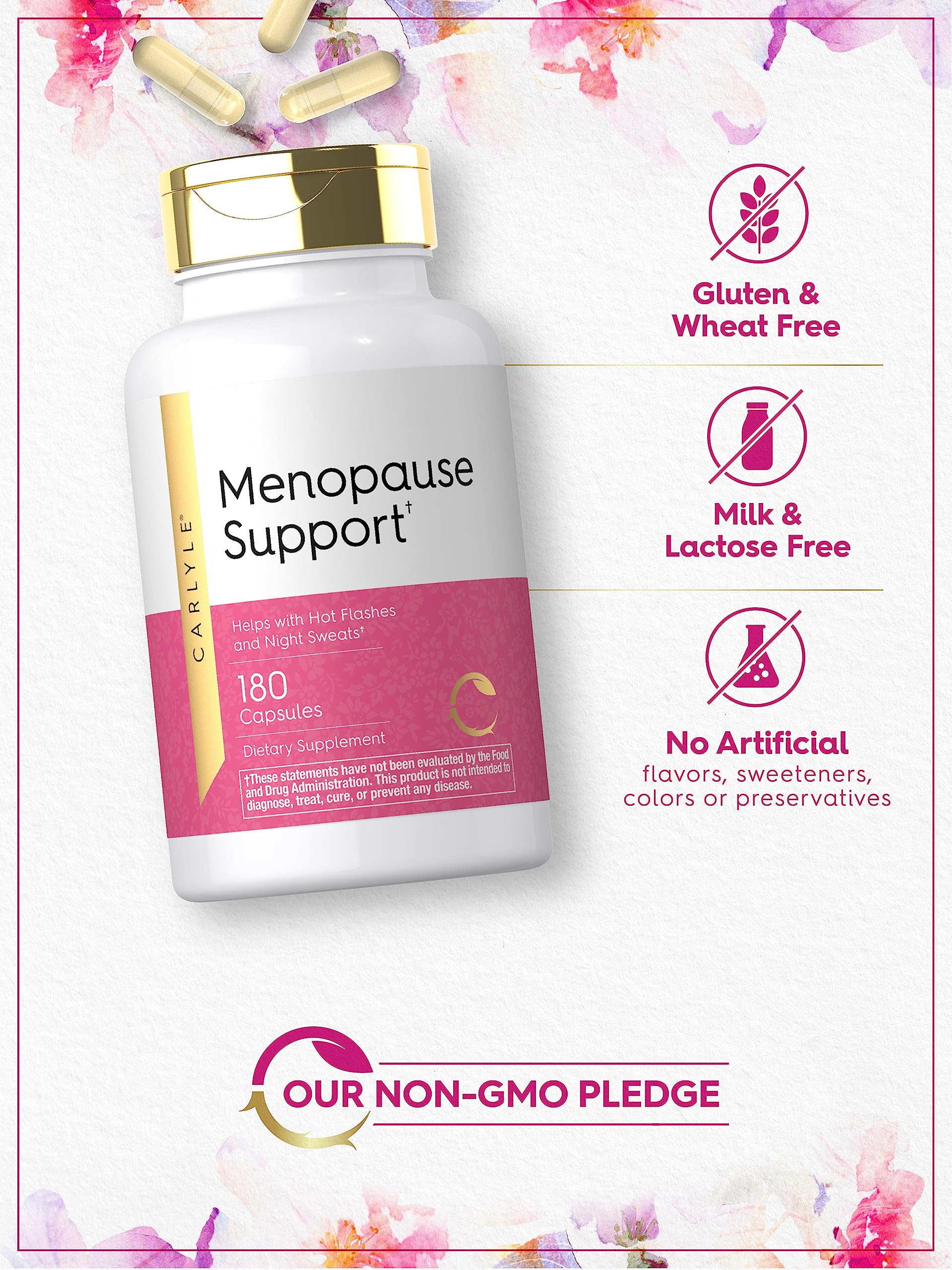 Carlyle Menopause Supplement label close-up showing gluten-free and non-GMO attributes for mindful shoppers.