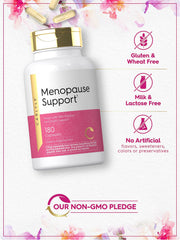 Carlyle Menopause Supplement label close-up showing gluten-free and non-GMO attributes for mindful shoppers.