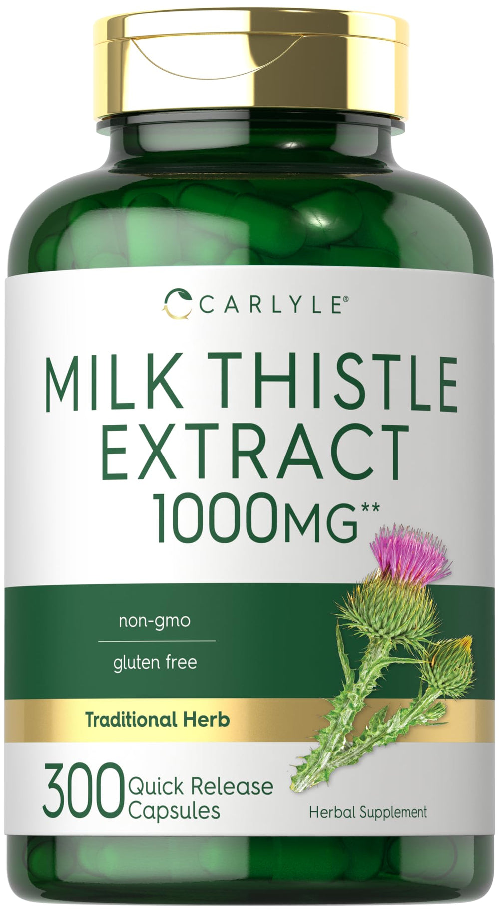 Carlyle Milk Thistle bottle label close-up, highlighting non-GMO and gluten-free features for clean nutrition.