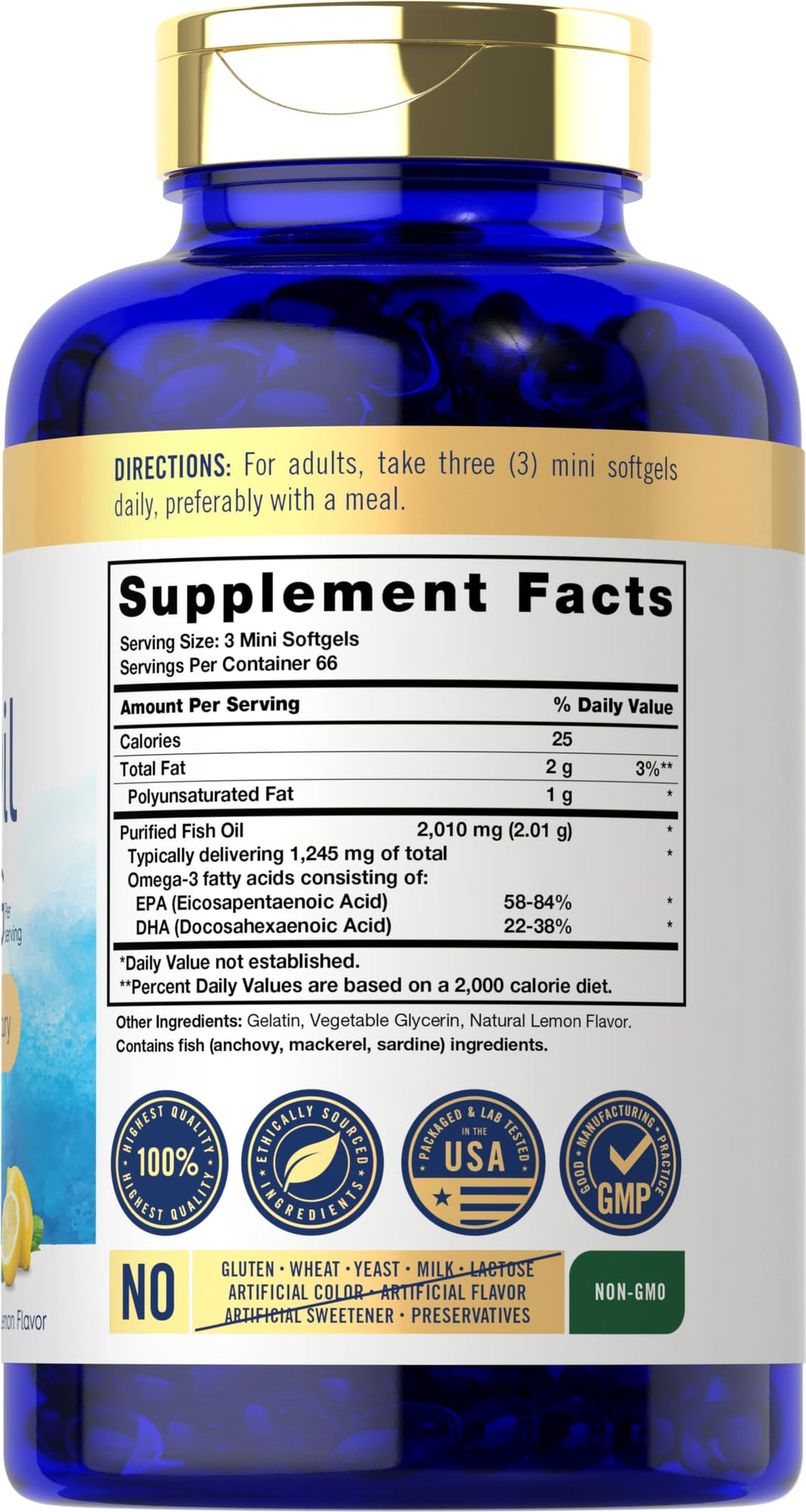 Carlyle Mini-Omega-3 lemon-flavored softgels for a pleasant swallow.
