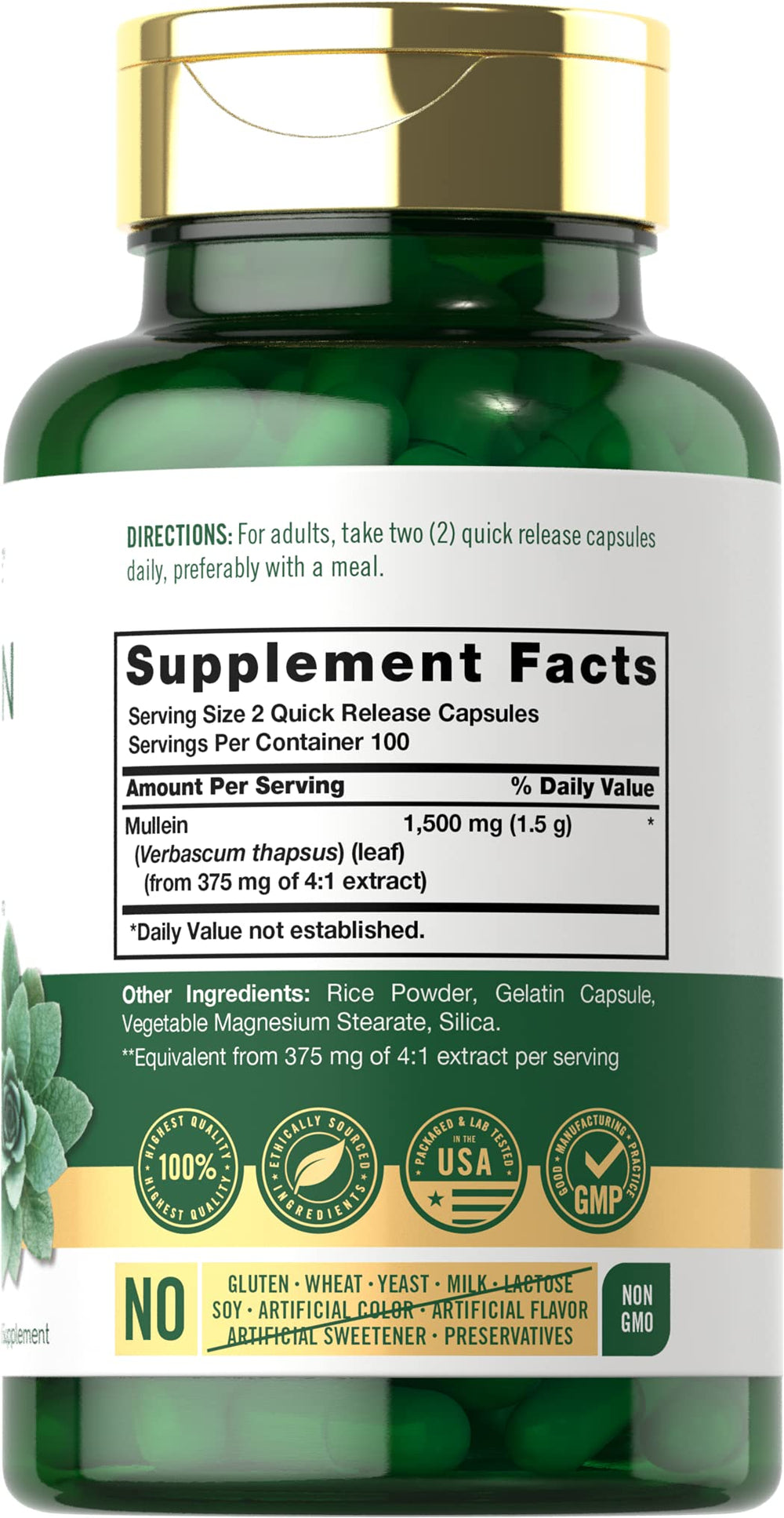 Carlyle Mullein Leaf Extract 1500mg capsules with quick-release design.