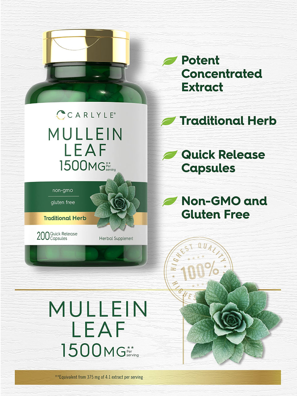 Carlyle Mullein Leaf label close-up showing ingredients and quality.