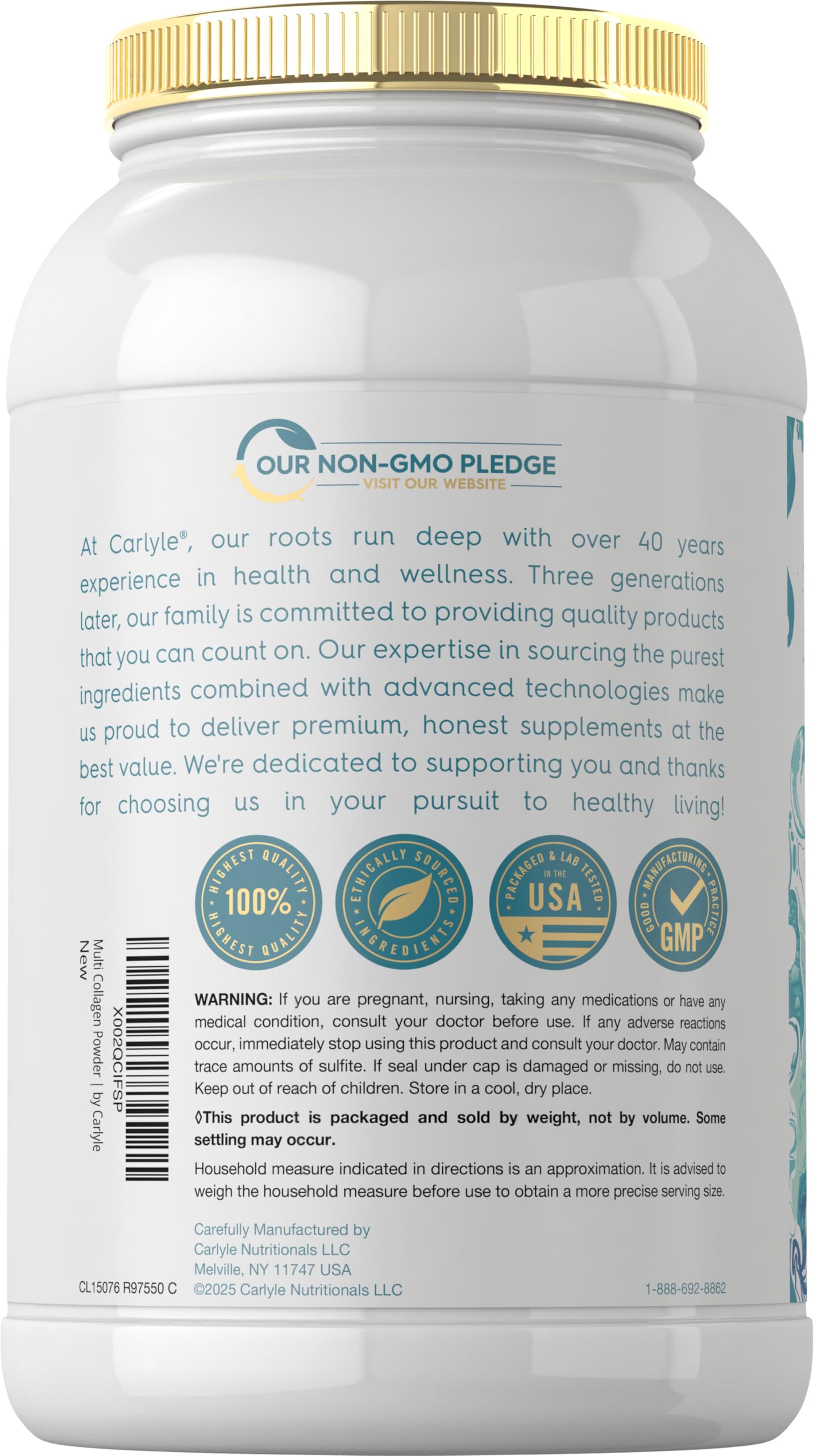 Carlyle Multi Collagen Peptides Powder label highlights gluten-free, non-GMO formula.