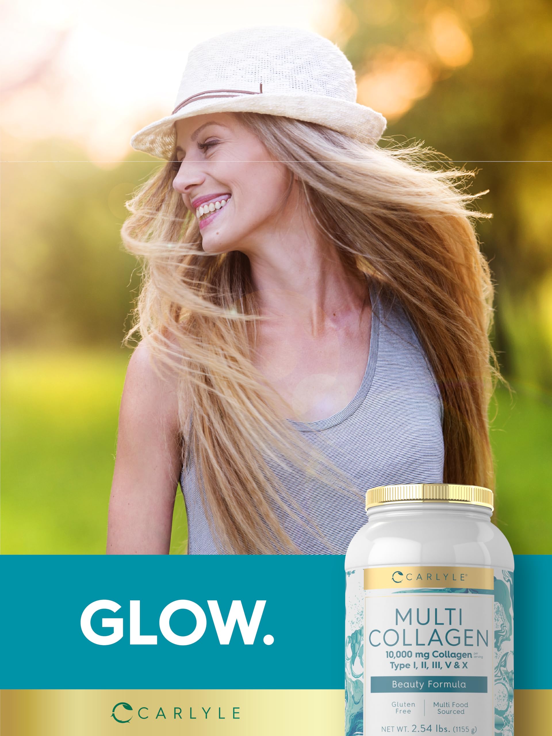 Carlyle Multi Collagen Peptides Powder measuring spoon displays a 10 g dose.