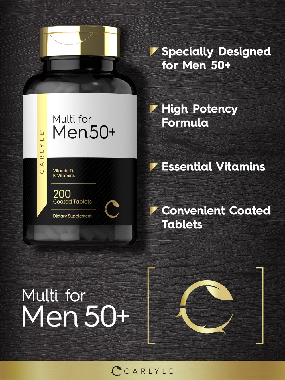 Carlyle Multivitamin Men 50+ bottle being poured to illustrate daily use