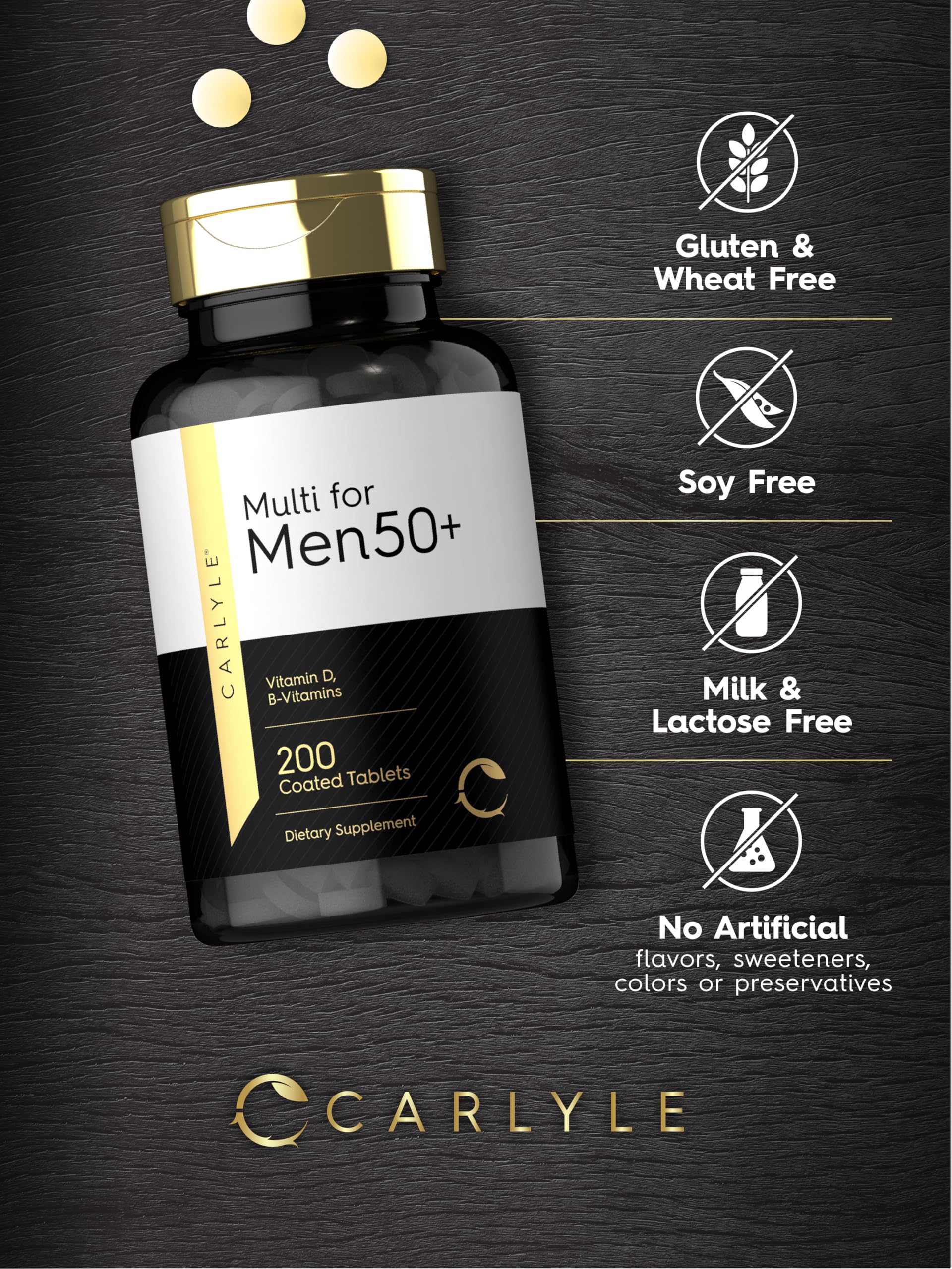 Carlyle Multivitamin Men 50+ gluten-free seal signals allergen-friendly formulation