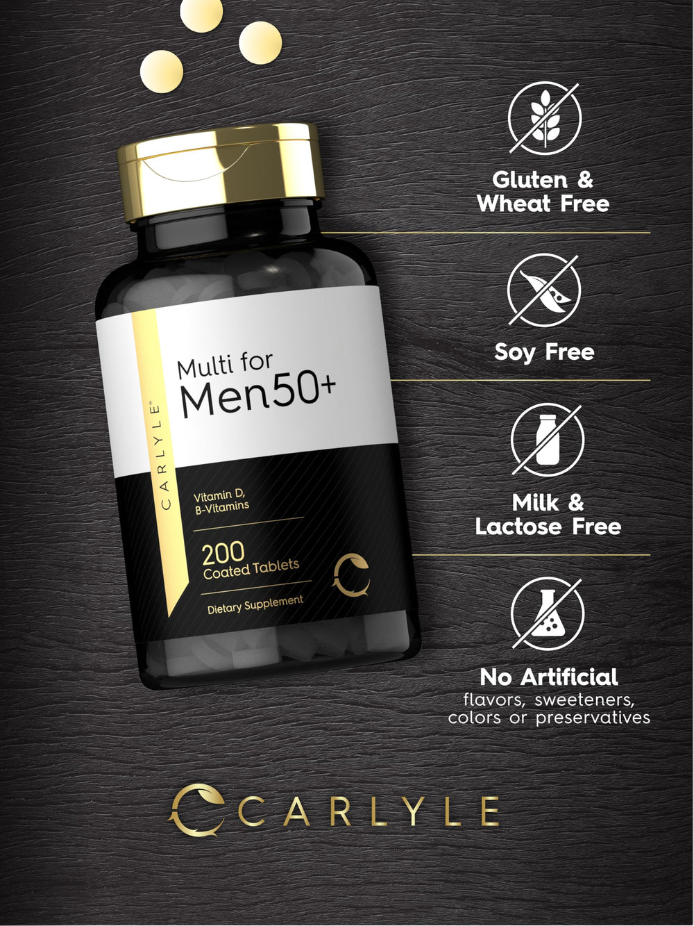 Carlyle Multivitamin Men 50+ gluten-free seal signals allergen-friendly formulation
