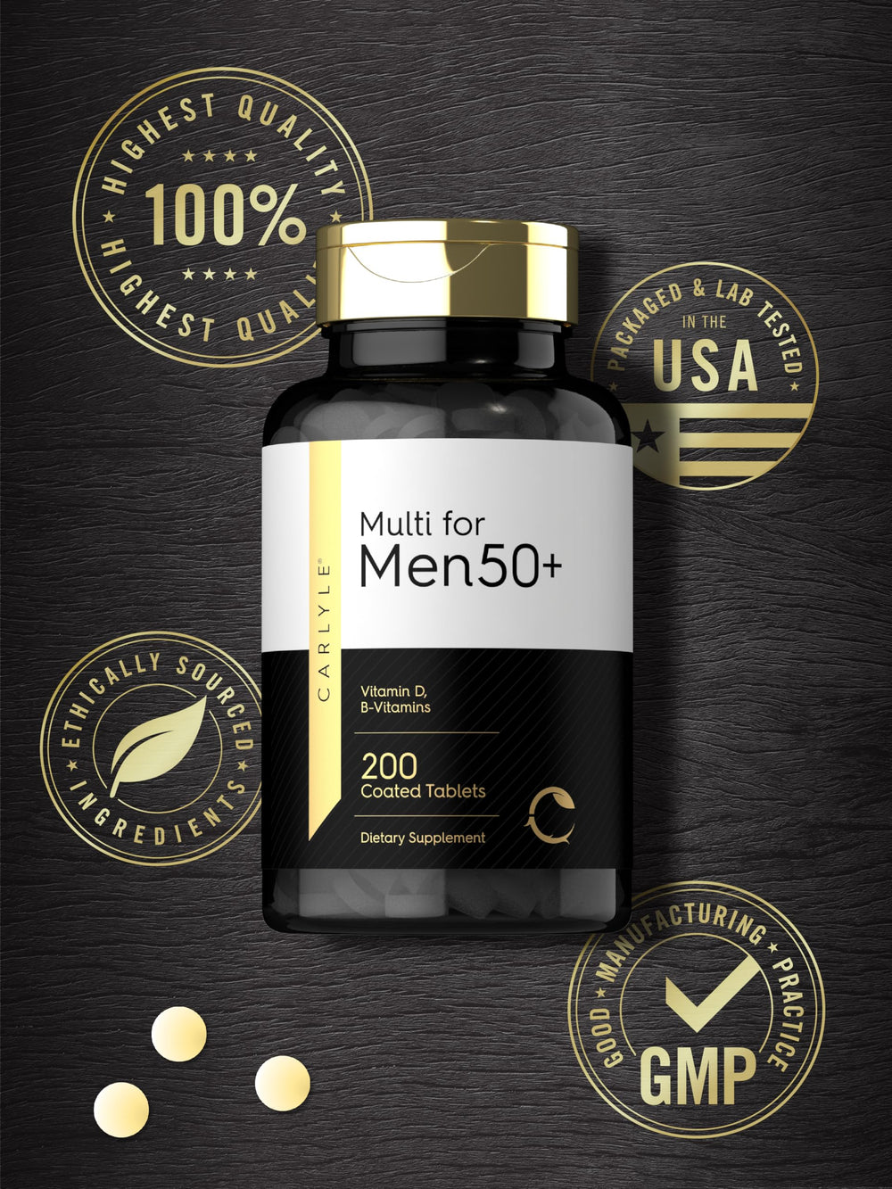 Carlyle Multivitamin Men 50+ non-GMO seal highlights clean ingredients