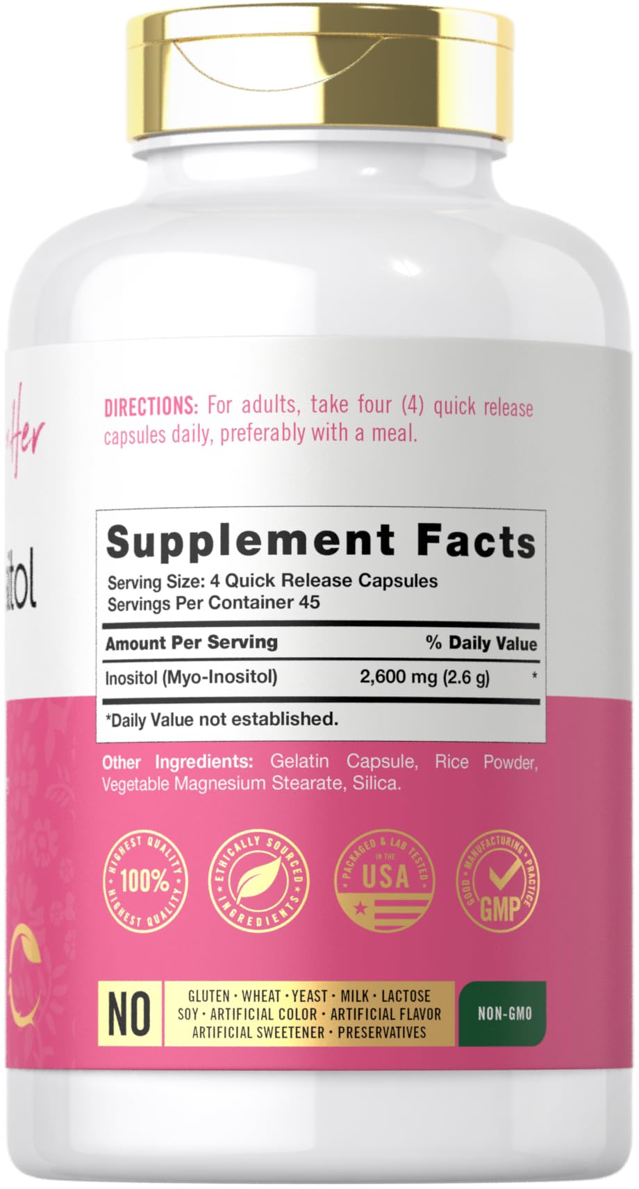 Close-up of Carlyle Myo-Inositol capsules ready for quick daily intake.
