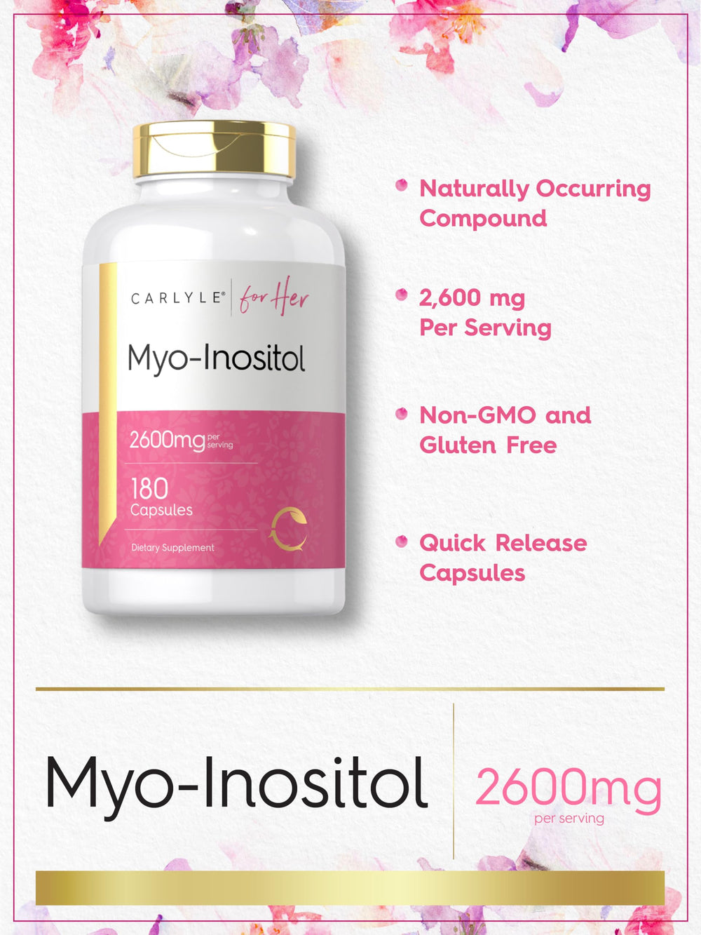 Gluten-free and non-GMO Carlyle Myo-Inositol, free from artificial flavors.