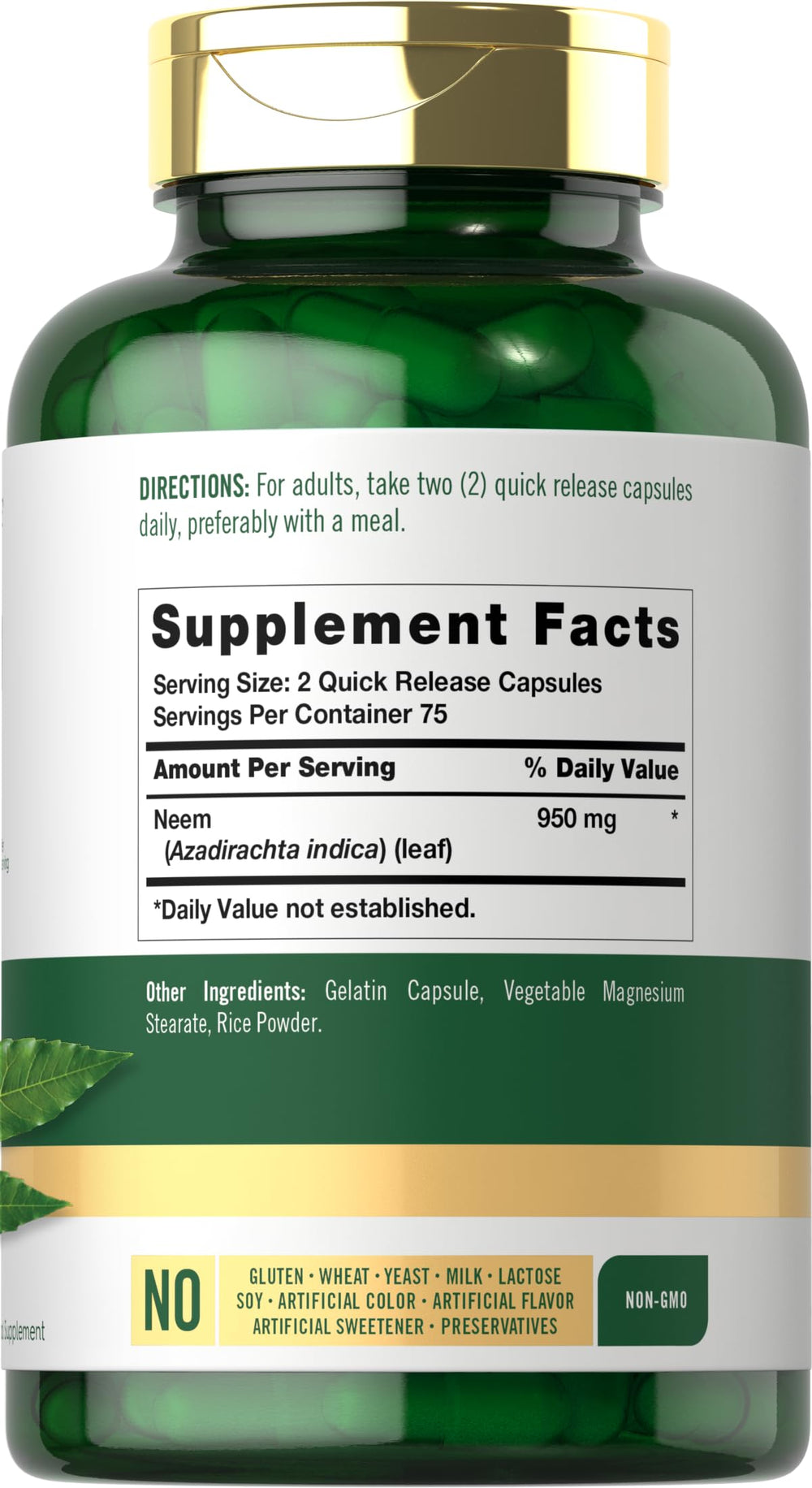 Carlyle Neem Leaf capsules closeup showing potent 950 mg per serving