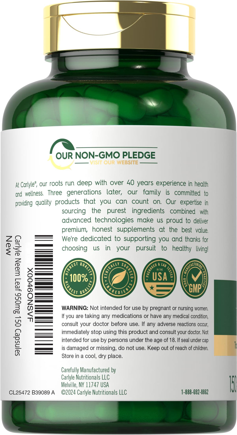 Carlyle Neem Leaf label highlights gluten-free and non-GMO formulation