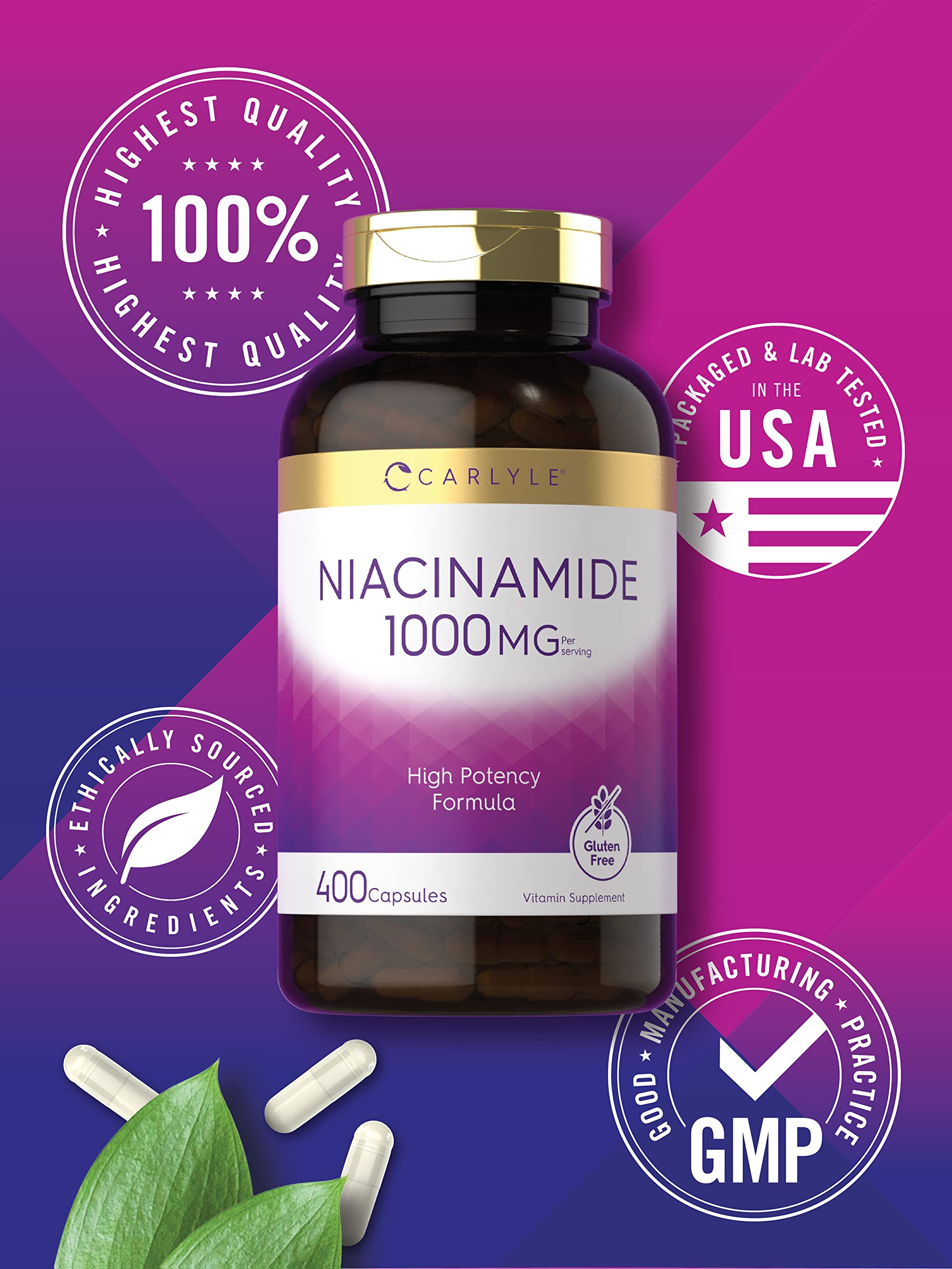Carlyle Niacinamide allergen free badge denotes gluten free and non GMO