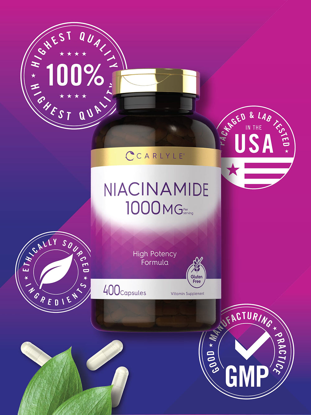 Carlyle Niacinamide allergen free badge denotes gluten free and non GMO