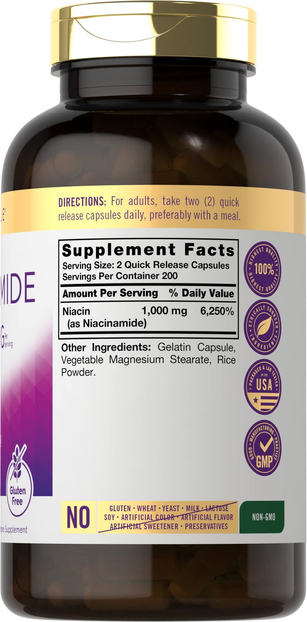 Carlyle Niacinamide label close-up, showing quality and non GMO emphasis