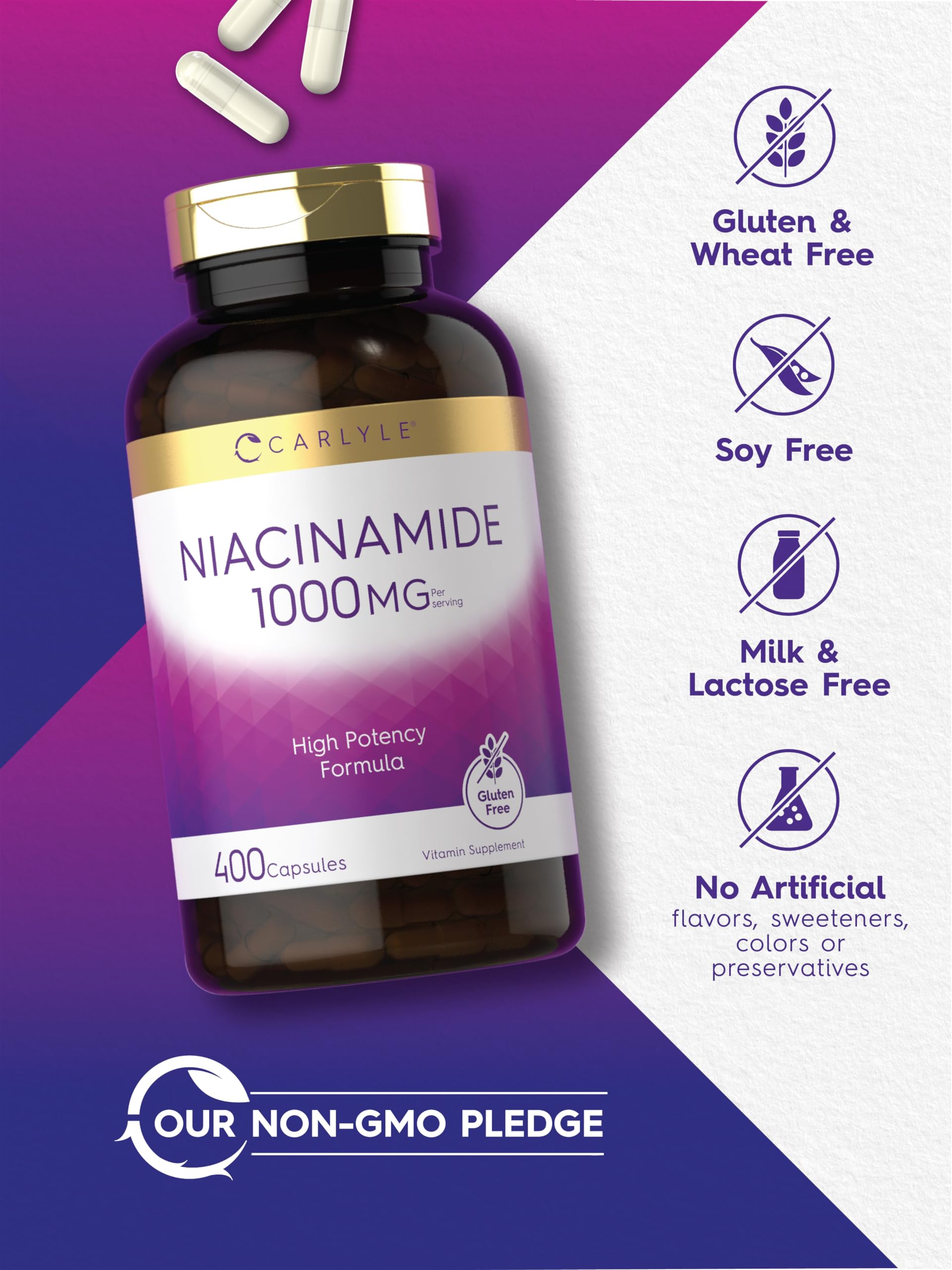 Carlyle Niacinamide nutrition panel displays 1000 mg per serving