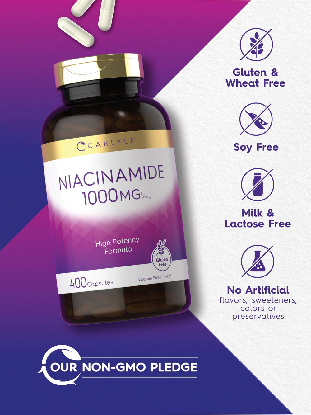 Carlyle Niacinamide nutrition panel displays 1000 mg per serving