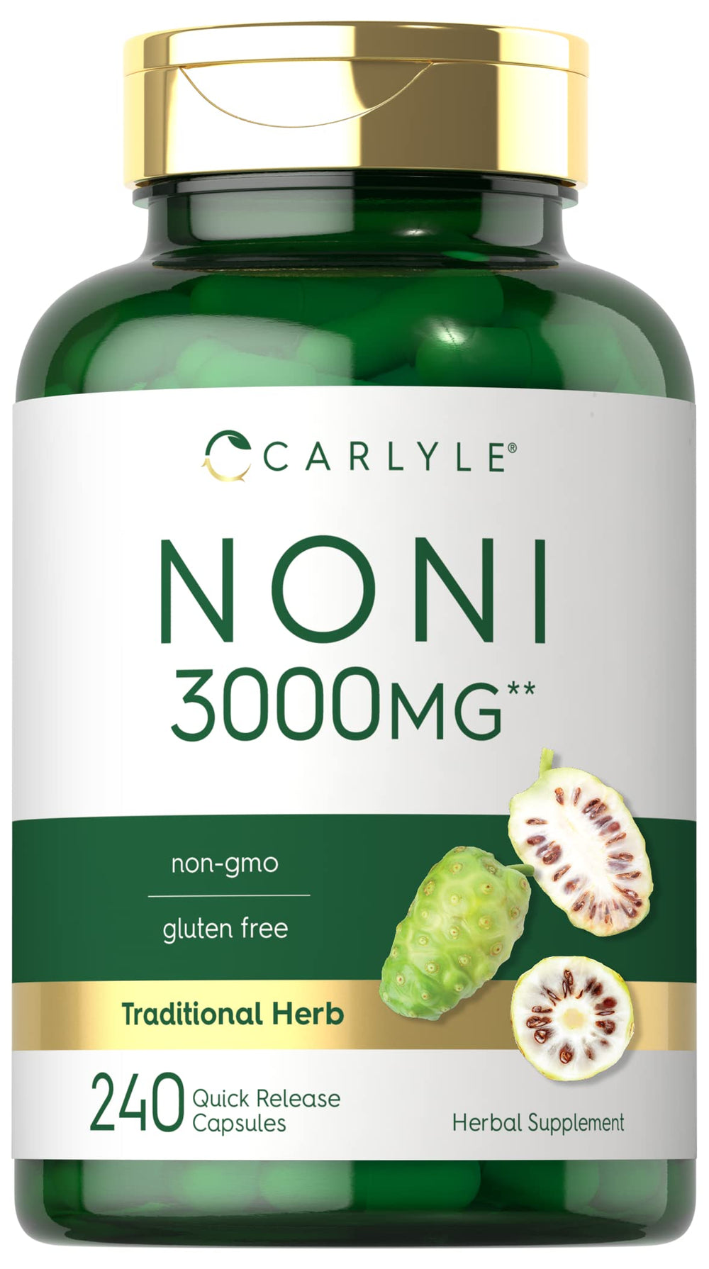 Carlyle Noni Capsules bottle close-up showing 3000 mg serving for daily energy and wellness.