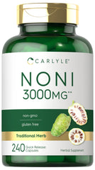 Carlyle Noni Capsules bottle close-up showing 3000 mg serving for daily energy and wellness.