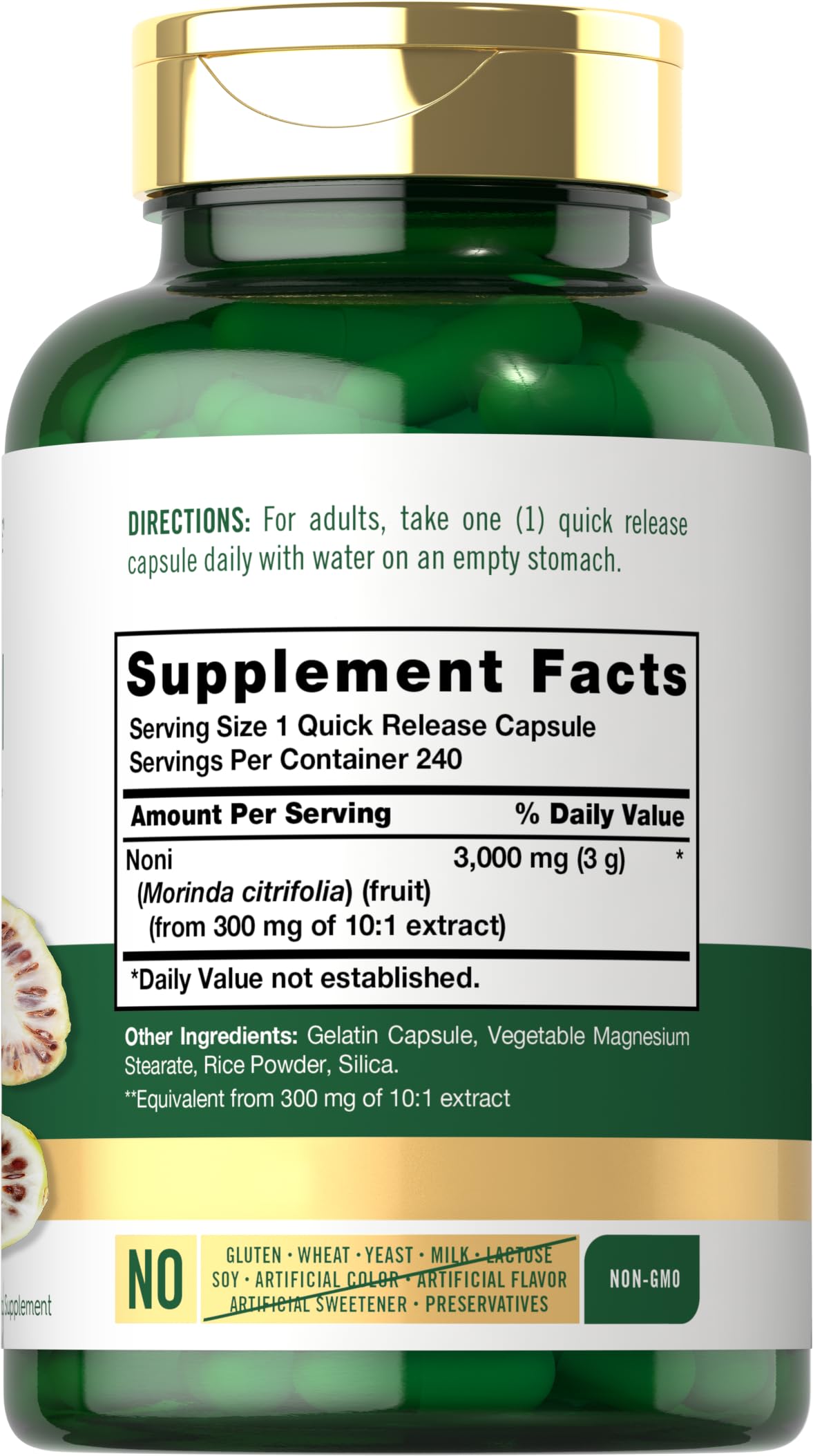 Carlyle Noni Capsules label detail highlights gluten-free and non-GMO credentials.