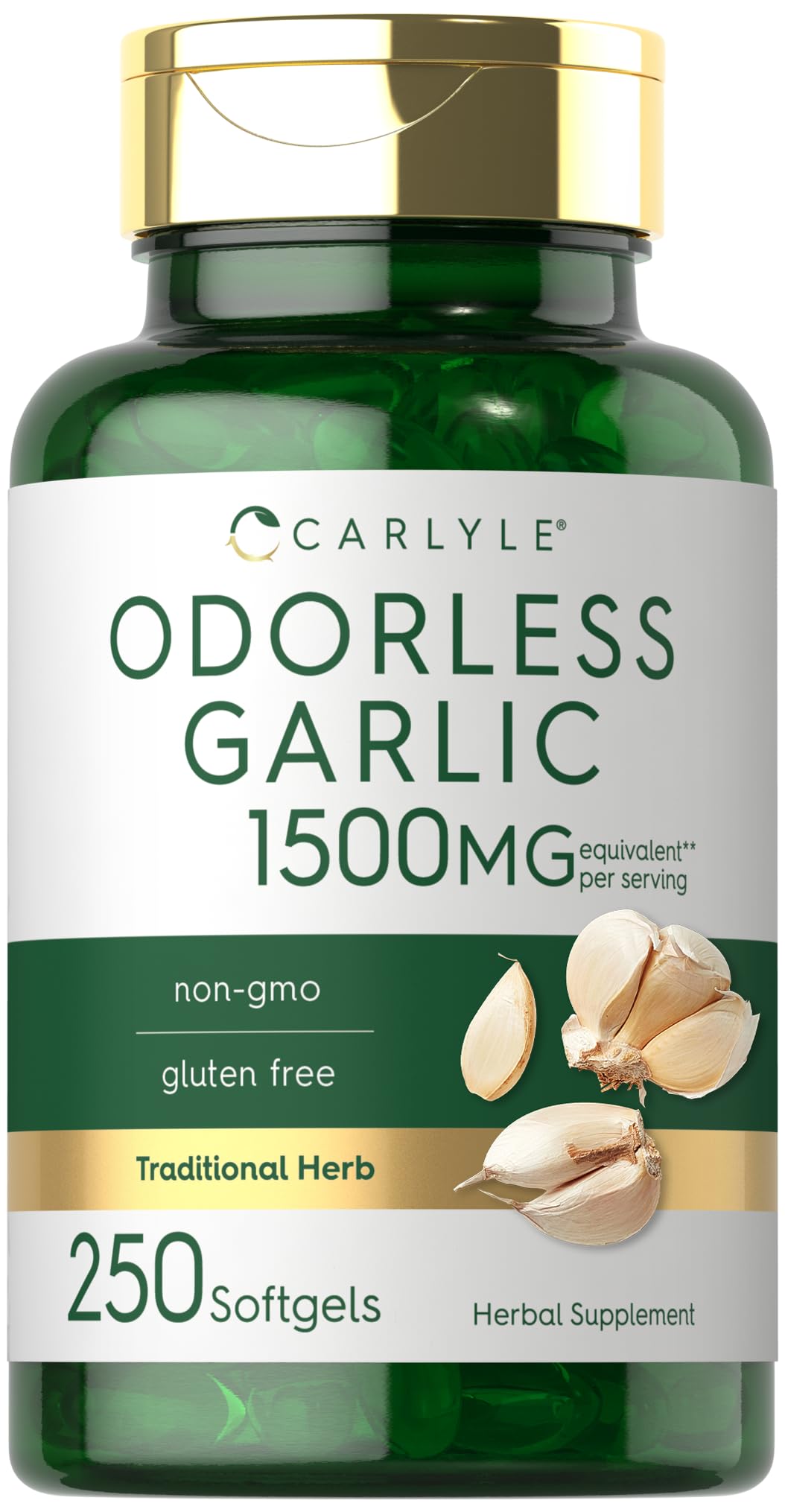 Carlyle Odorless Garlic Softgels bottle front showing 1500 mg potency for daily wellness.