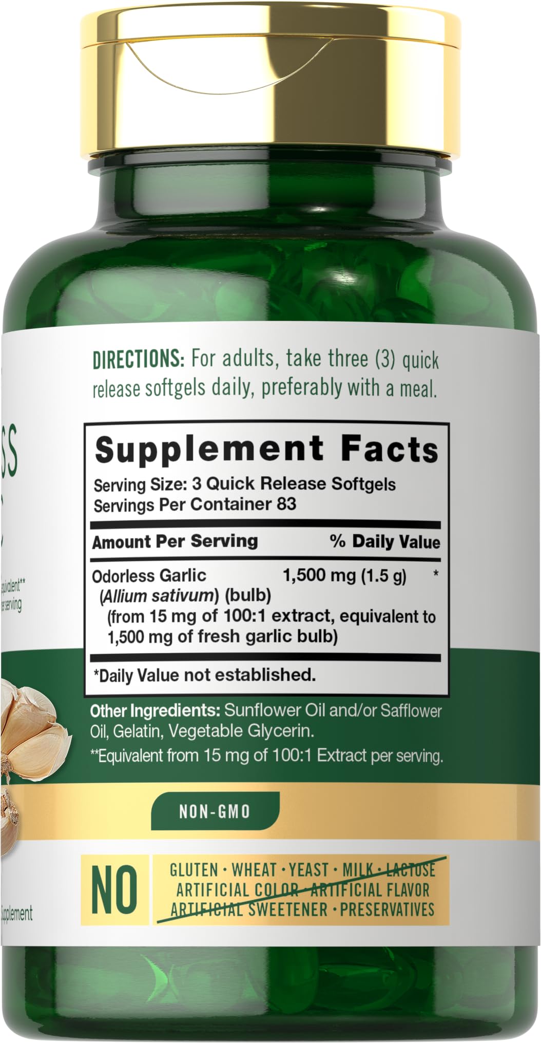 Carlyle Odorless Garlic Softgels ingredient label highlights non-GMO and gluten-free formula.
