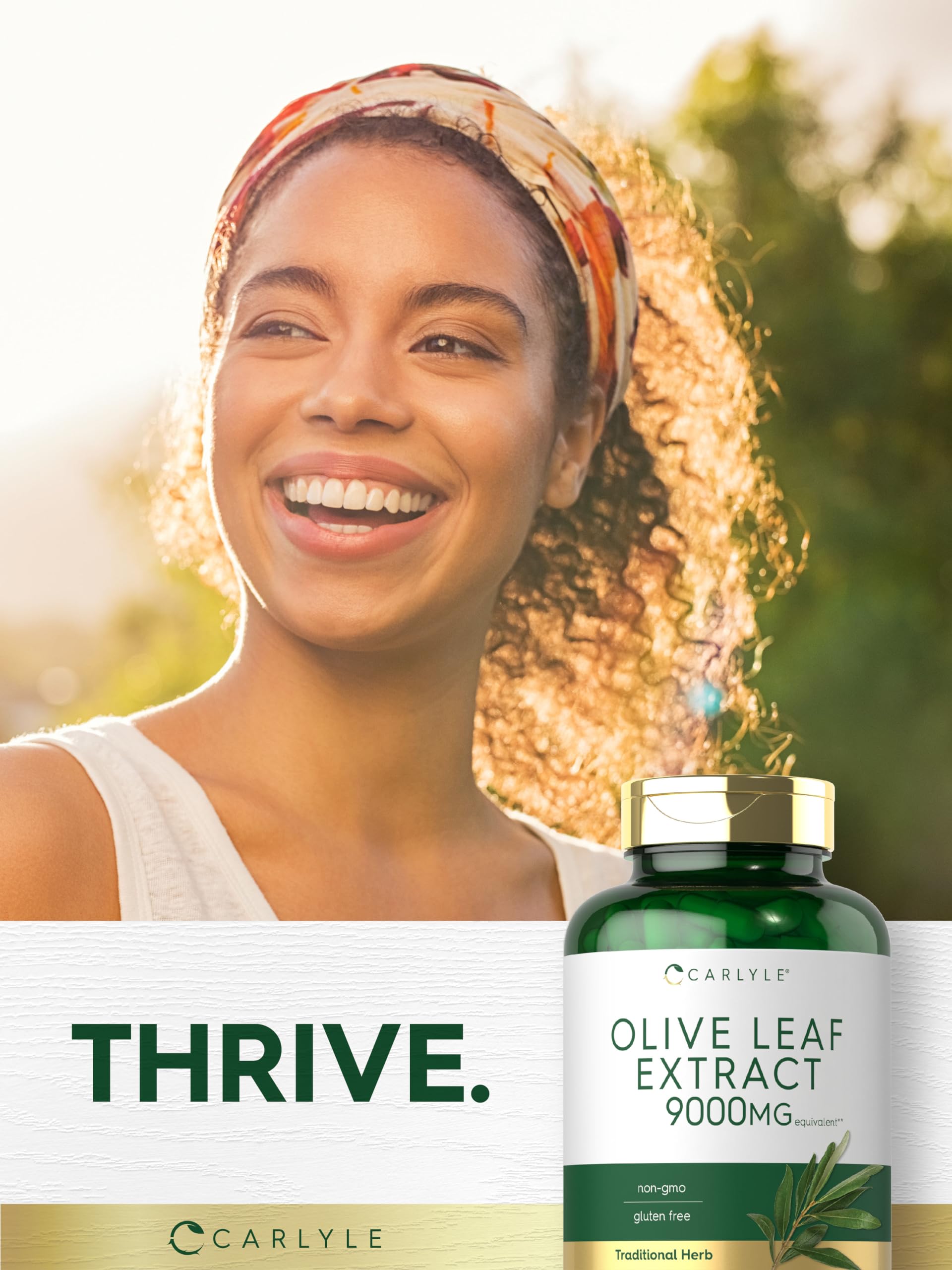 Product packaging showing the 100-count bottle of Carlyle Olive Leaf Extract
