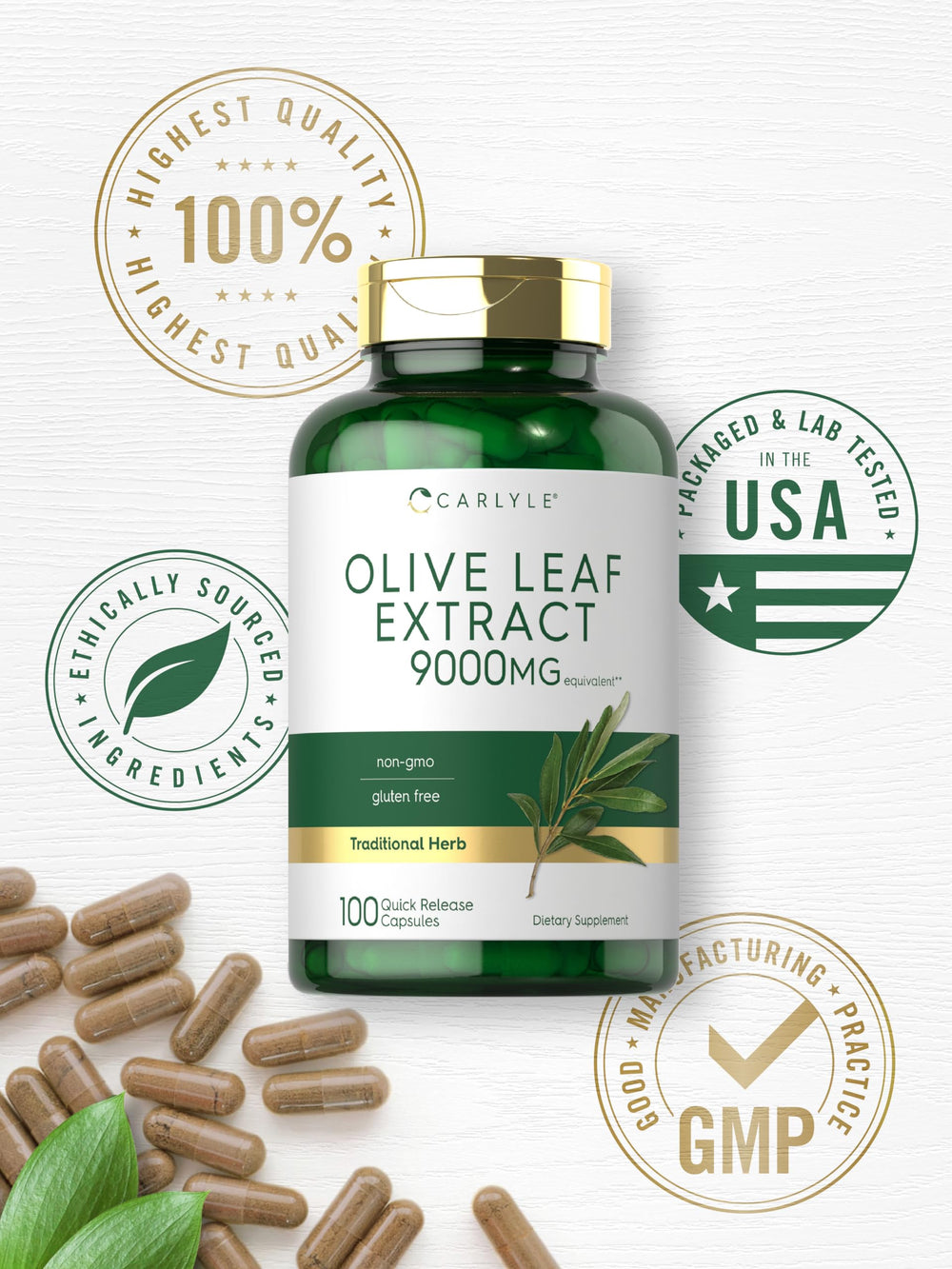 Carlyle Olive Leaf Extract bottle and scoop illustrating easy daily use