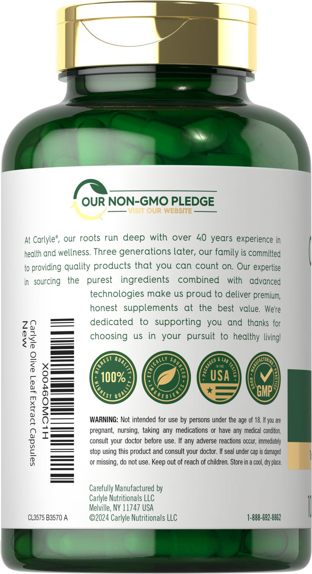 Carlyle Olive Leaf Extract label close-up showing standardized 150 mg oleuropein