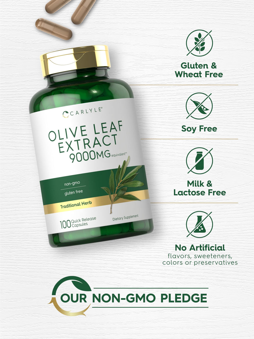 Gluten-free, non-GMO Carlyle Olive Leaf Extract packaging on store shelf