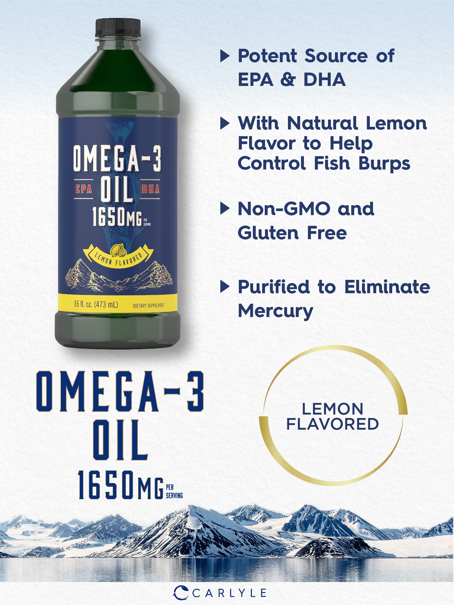 Carlyle Omega 3 lemon label highlights natural flavor and non-GMO ingredients