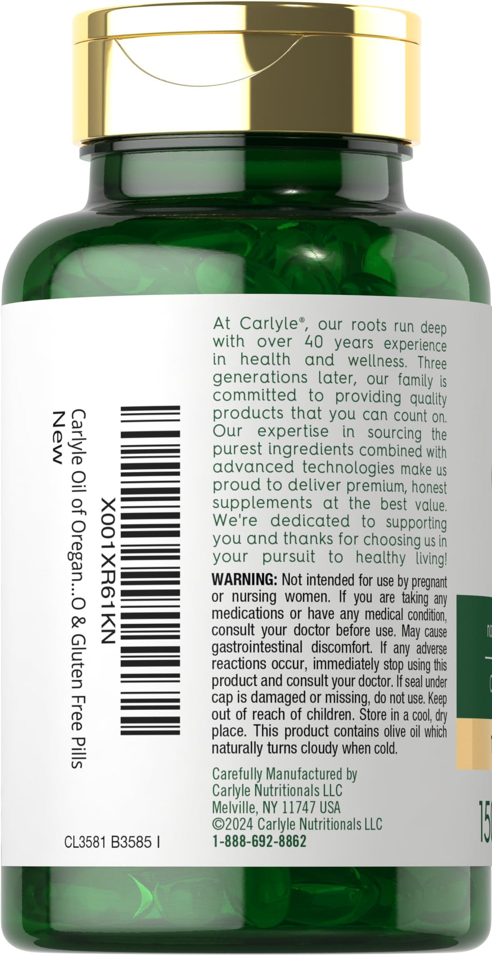 Carlyle Oregano Oil label showing Carvacrol-rich formula.
