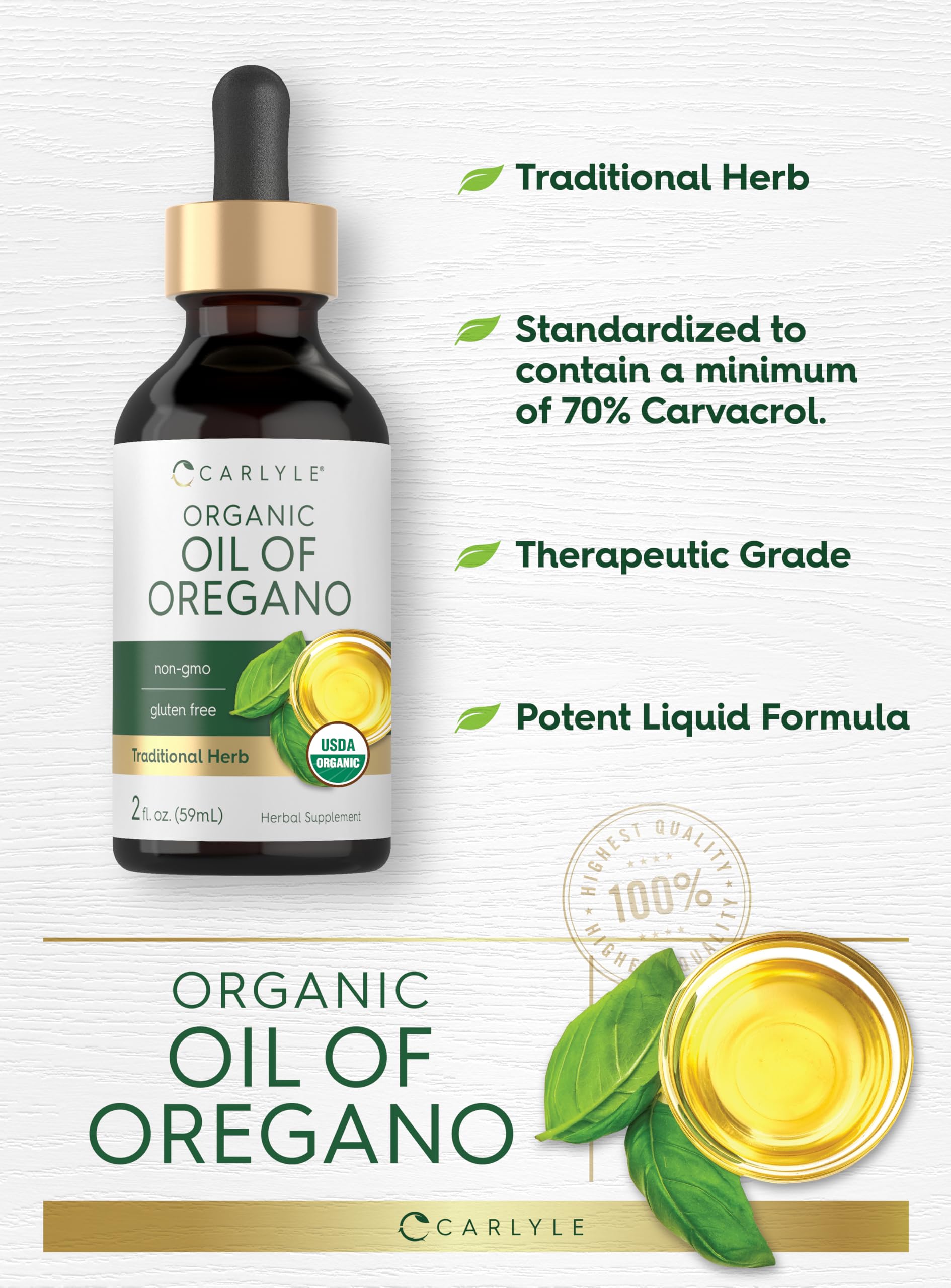 Carlyle Organic Oil of Oregano bottle on natural wood background