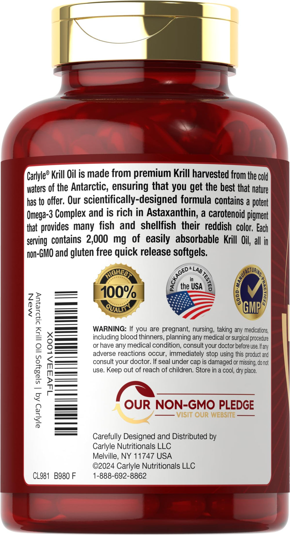 Carlyle Pack of 2 krill oil bottles label close-up indicating lab-tested quality