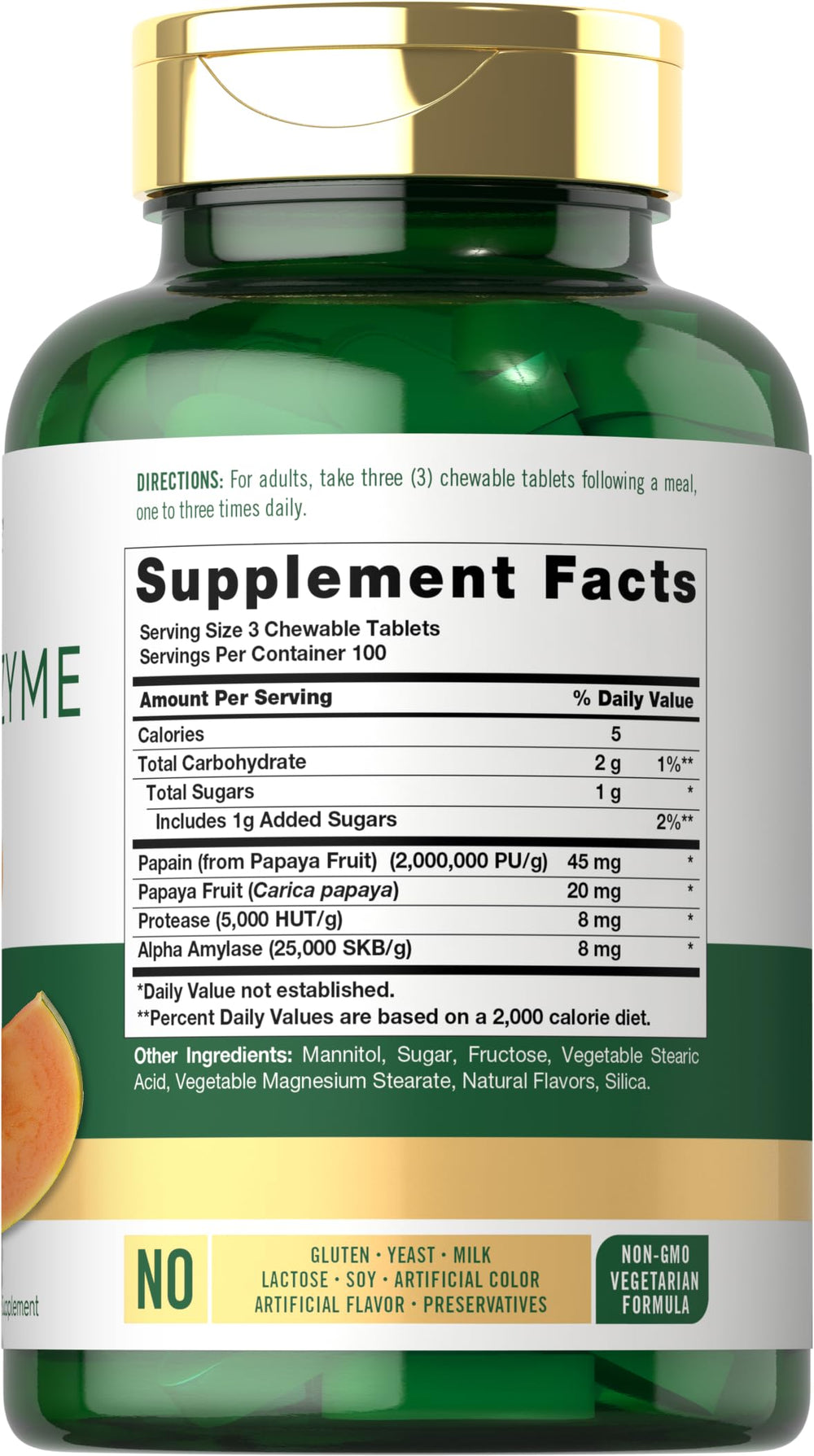Close-up of Carlyle Papaya Enzyme tablets highlighting vegetarian formula