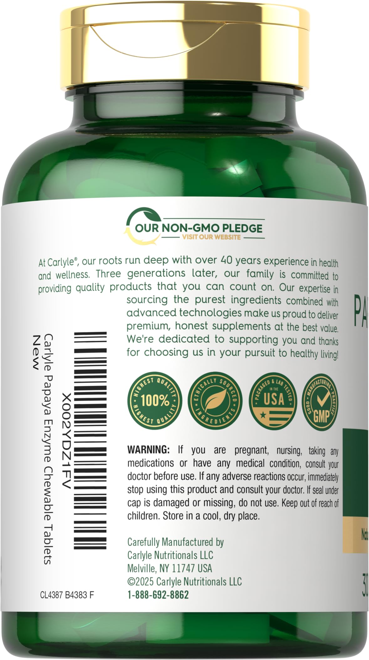 Carlyle Papaya Enzyme label shows gluten-free and non-GMO attributes