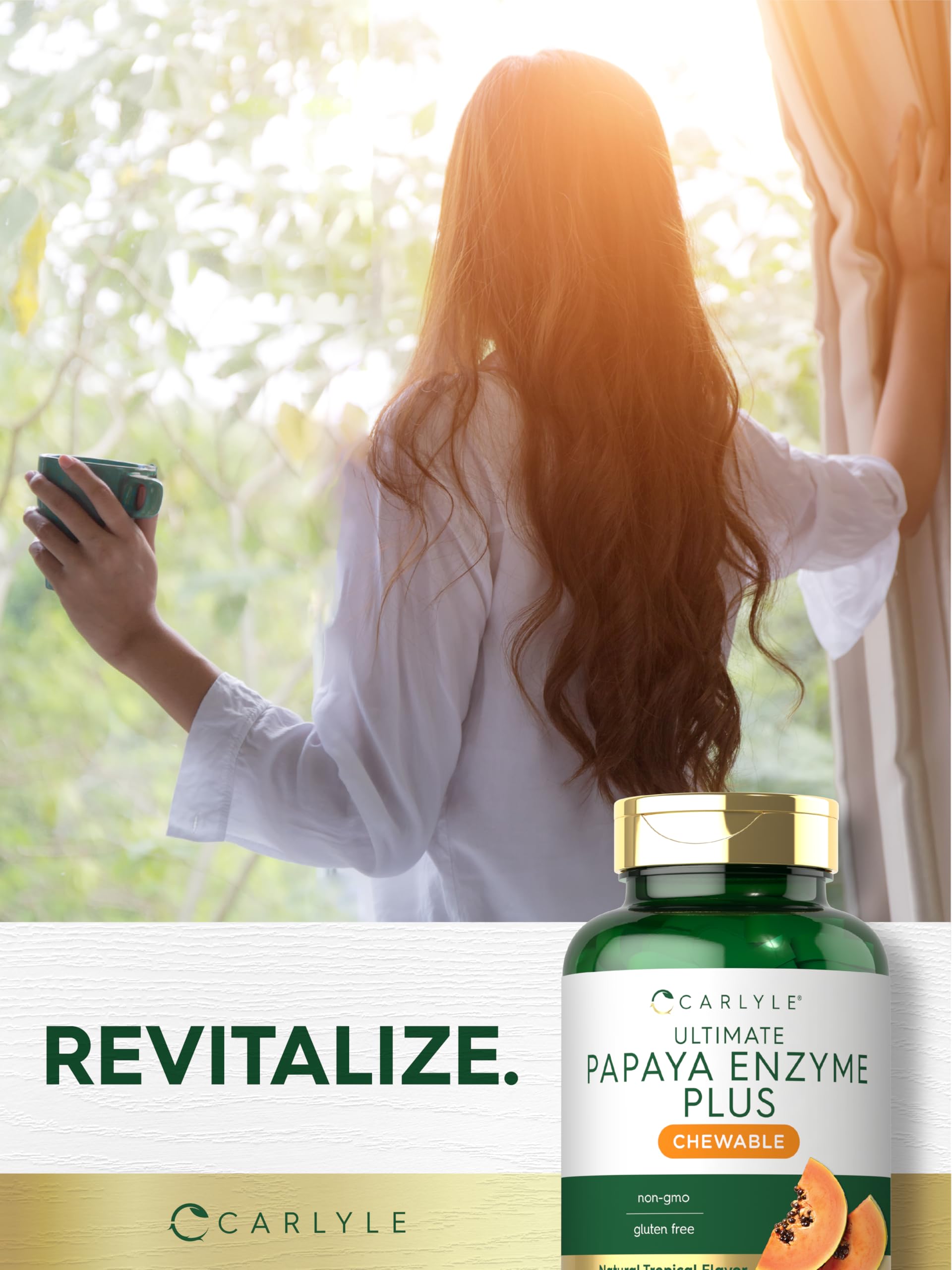 Nutrition panel on Carlyle Papaya Enzyme indicates non-GMO ingredients