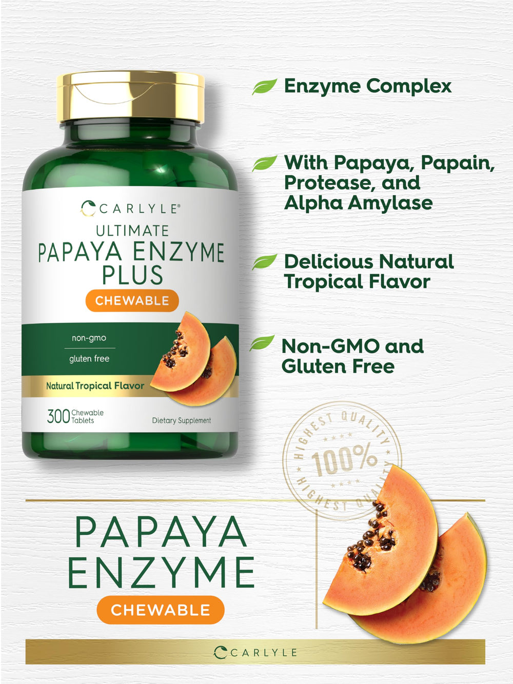 Carlyle Papaya Enzyme ingredients include papain and protease enzymes