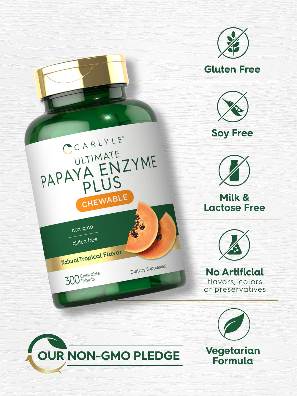 Carlyle Papaya Enzyme bottle showcases vegetarian, gluten-free formula