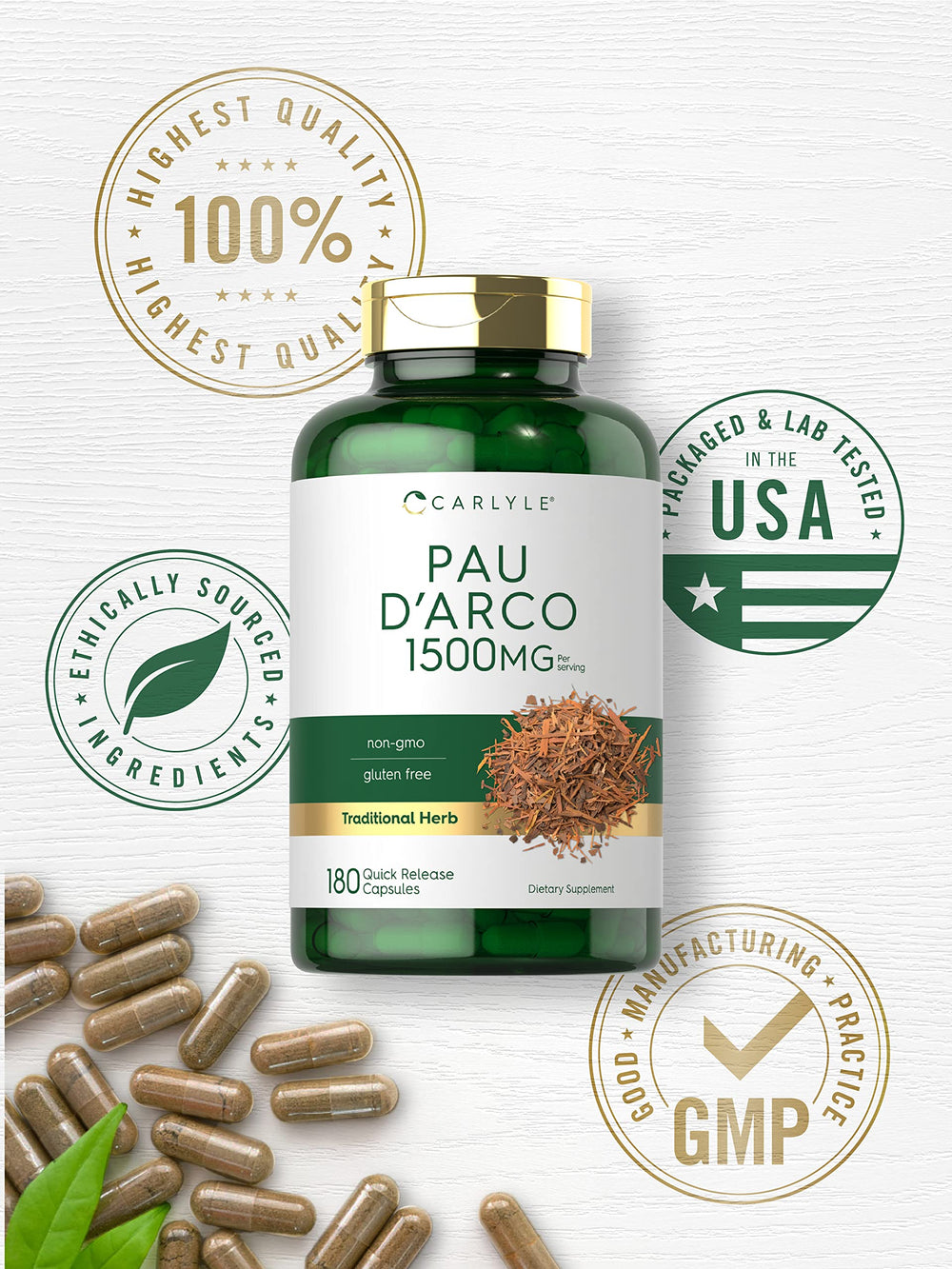 Carlyle Pau D'Arco ingredients panel notes non-GMO and gluten-free claims