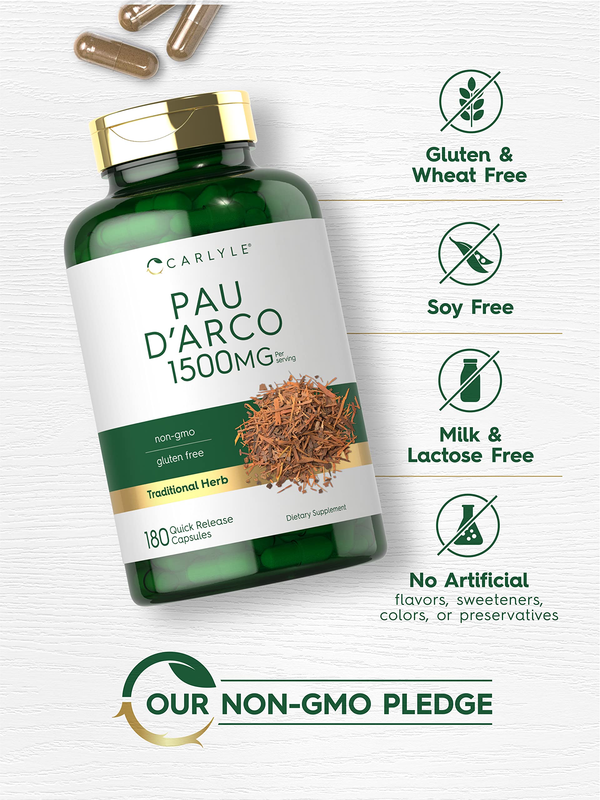 Carlyle Pau D'Arco bottle pour illustrating easy-to-take capsules
