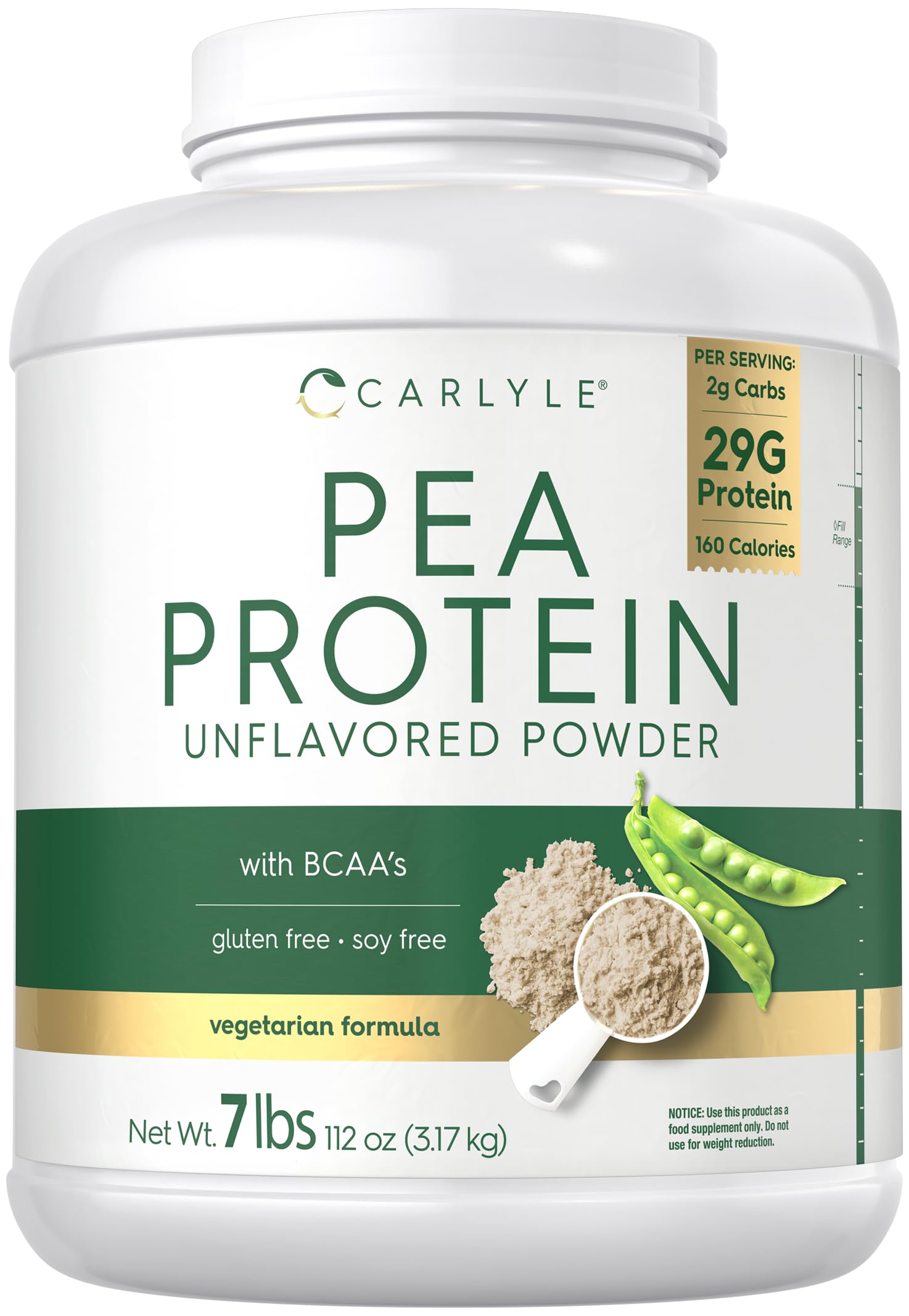 Carlyle pea protein powder 7lb tub front view for plant-based protein.