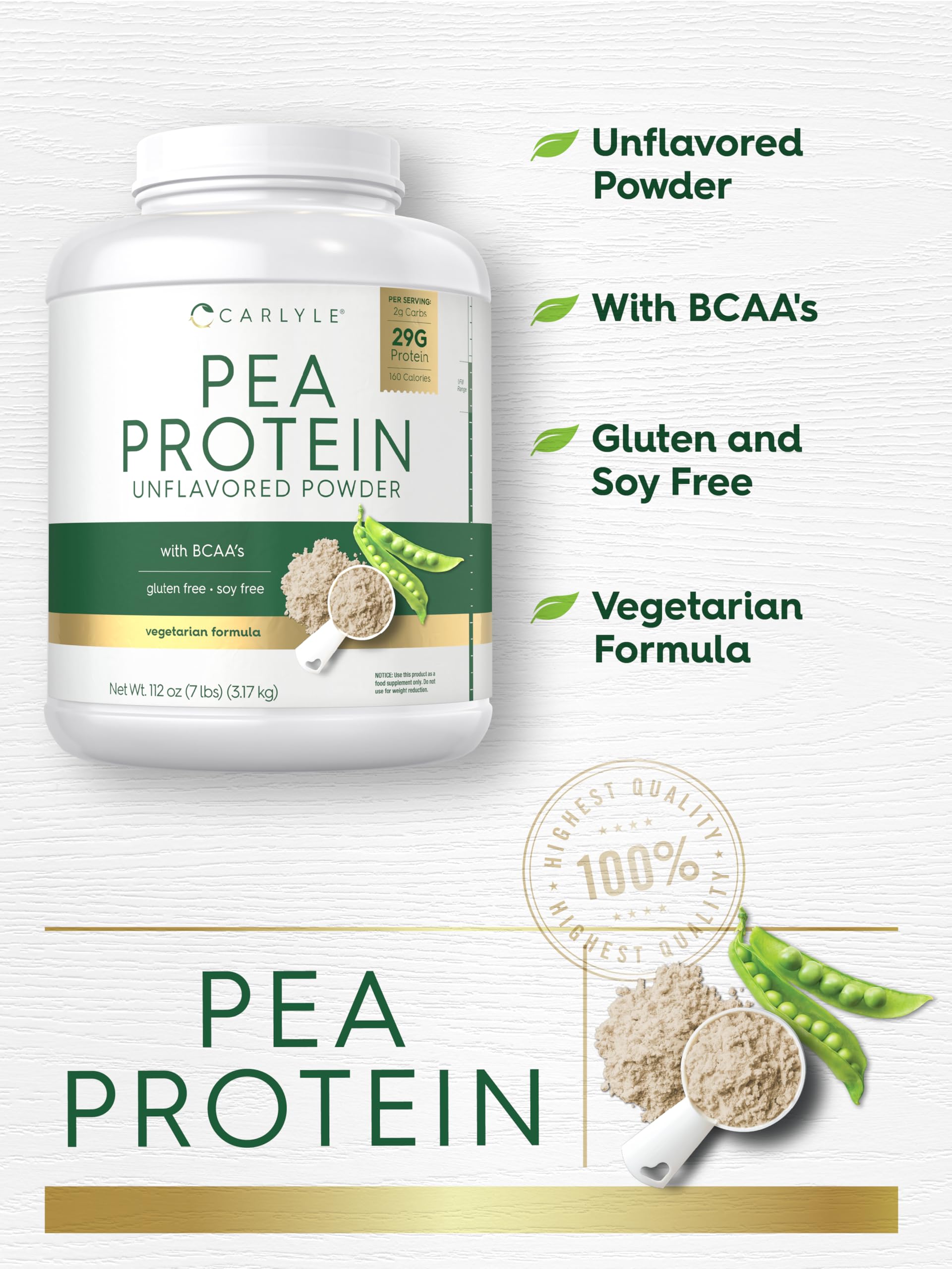 Carlyle pea protein powder label close-up showing gluten-free and non-GMO claims.