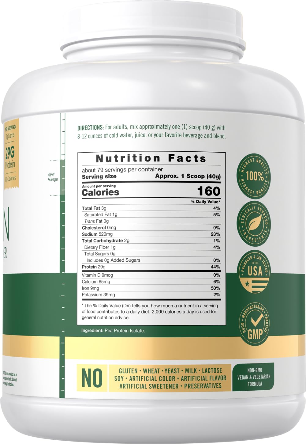 Carlyle pea protein powder scoop visible for quick 29 g protein servings.