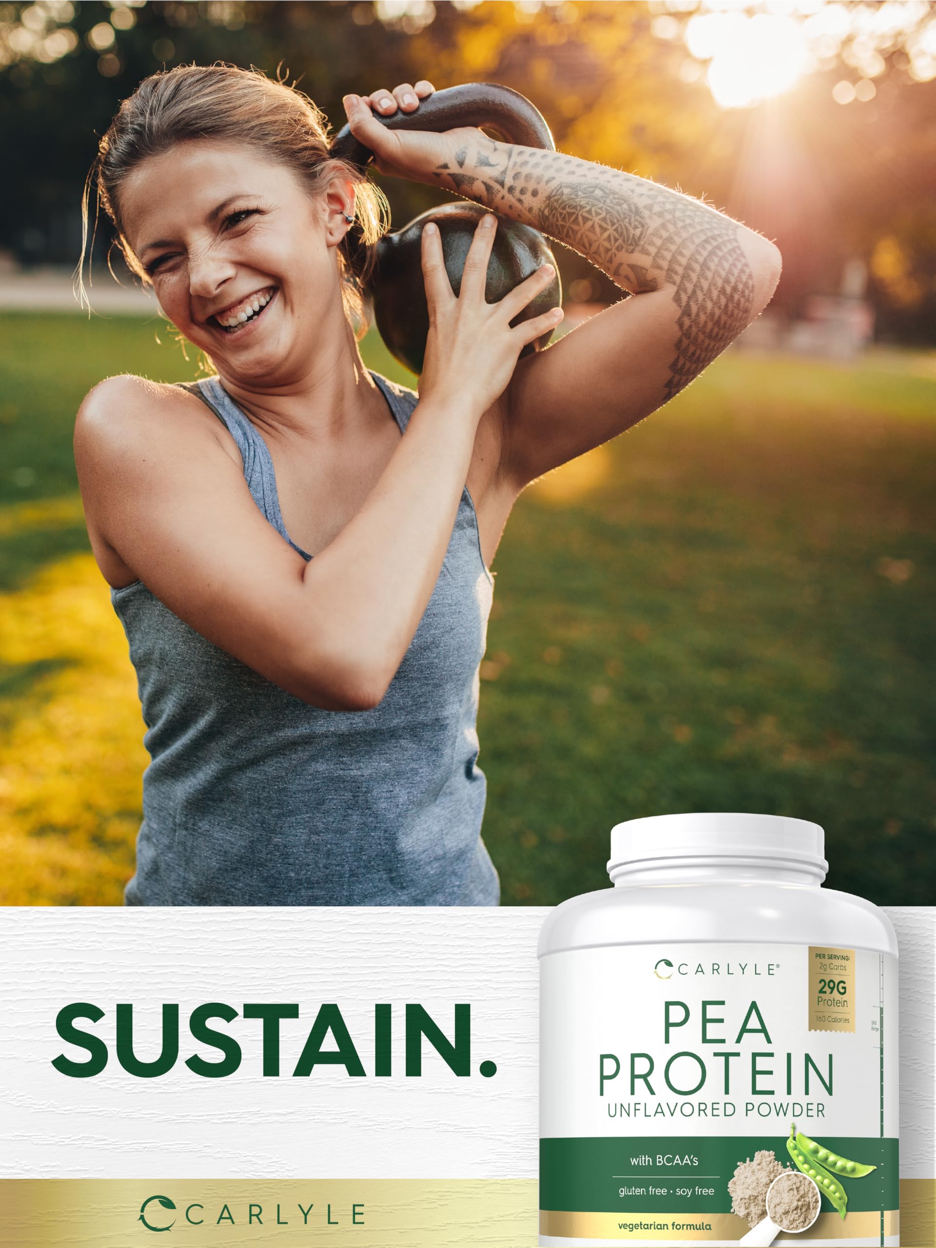 Carlyle pea protein powder unopened tub on shelf, premium vegan option.