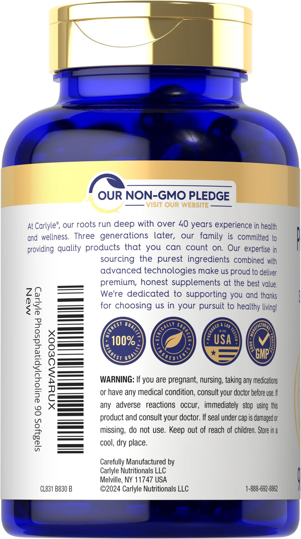 Carlyle Phosphatidyl Choline label closeup – clear ingredient details and premium quality promise